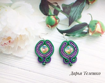 Soutache green purple earrings, beautifull soutache earrings, soutache crystals earrings, green soutache earrings, gifts for mom from daught