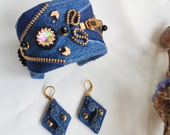 デニムジュエリーセット、デニムブルーブラックブレスレットとイヤリング、刺繍ジーンズジュエリーセット