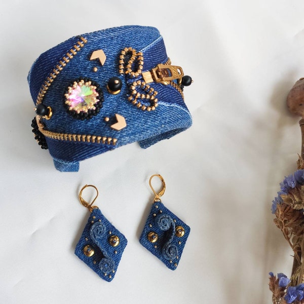 Conjunto de joyas de mezclilla, pulsera y aretes negros azules de mezclilla, conjunto de joyas de jeans bordados