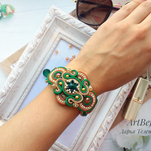 Pulsera Soutache Verde Biege, Pulsera Floral Soutache Mandala, Joyería Soutache