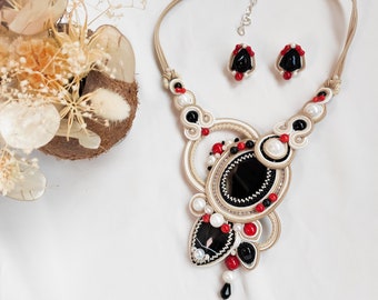 Unique jewelry set with pearl and gemstone, statement necklace with coral and agate, black and red collar necklace and earrings