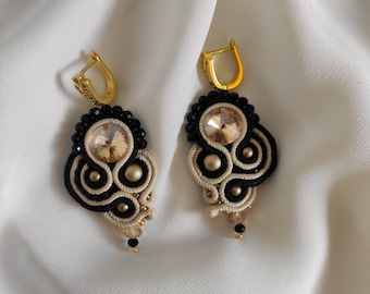 Soutache black biege earrings, embroidered soutache earrings, soutache crystal earrings