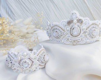 Soutache wedding jewelry set,  embroidery bride tiara and bracelet, white wedding set, wedding jewelry for brides set