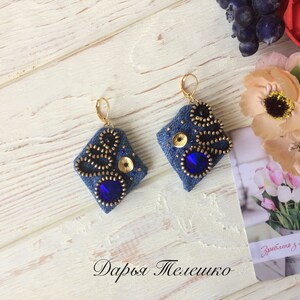 Denim earrings, denim jewelry, denim blue beaded earring image 3