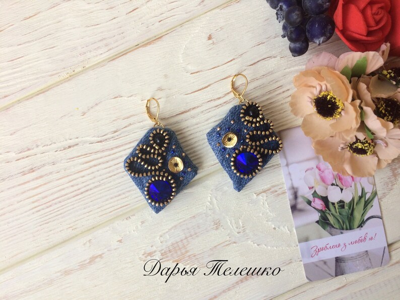 Denim earrings, denim jewelry, denim blue beaded earring image 3