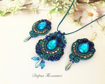 Conjunto de joyas espaciales de soutache, hermosos pendientes de soutache, colgante de soutache, conjunto de joyas azules y verdes, conjunto de joyas inusuales