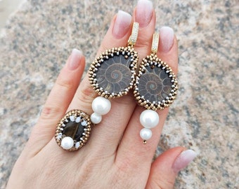 Jewelry set with natural ammonite and pearls, wedding jewelry set