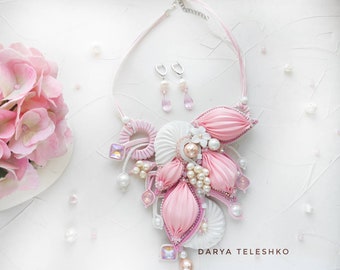 Pink White Shibori Soutache Jewelry Set Flower Embroidery Necklace Wedding Necklace Set