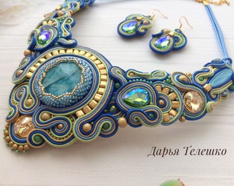Soutache jewelry set, blue-green necklace and earrings, embroidery jewelry set, custom necklace