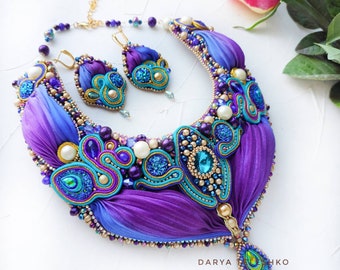 Kundan jewelry set, blue purple soutache and shibori necklace, galaxy necklace, purple jewelry set, Custom necklace , grandma necklace