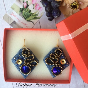Denim earrings, denim jewelry, denim blue beaded earring image 5
