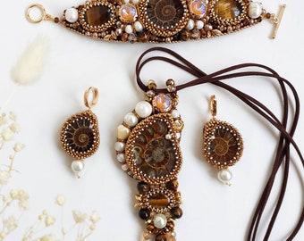 Natural ammonite pearl jewelry set, wedding jewelry set, wow jewelry