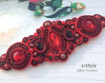 Bracelet soutache rouge et noir avec strass, beau bracelet soutache, bijoux soutache, bracelet rouge et noir
