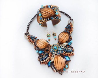 Kundan jewelry set, Shibori brown and blue jewelry set, soutache necklace and bracelet, Indian necklace and bracelet, custom necklace