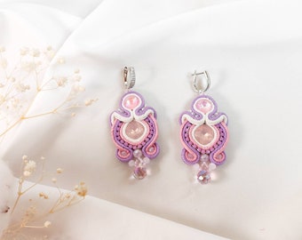 Soutache pink lilac earrings,  soutache embroidery wedding earrings