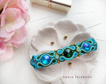 Sutache blue hair clip, hair accessories, hair soutache jewelry, turquoise barrette, green nerd barrette, soutache hair clip, soutache pin