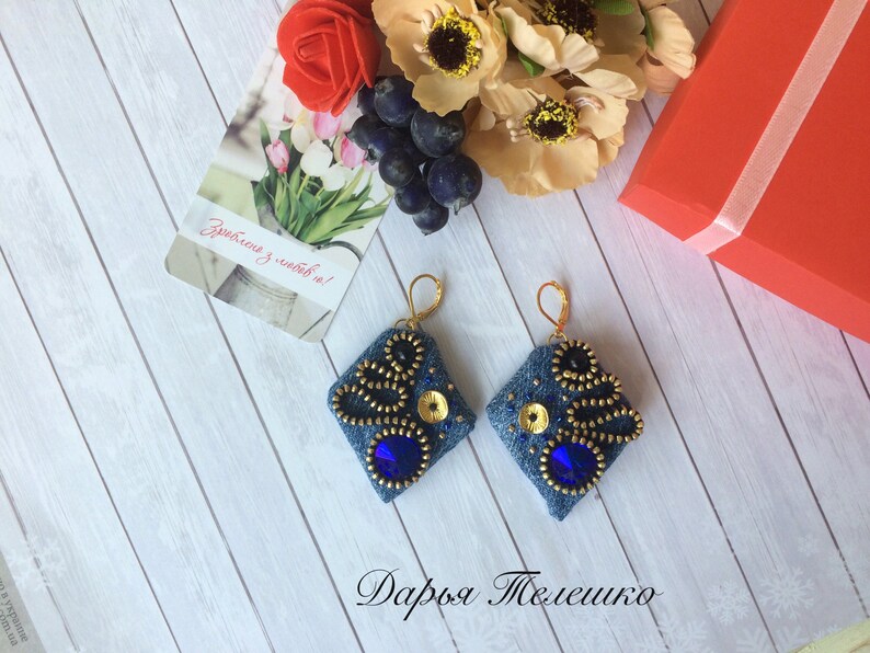 Denim earrings, denim jewelry, denim blue beaded earring image 7