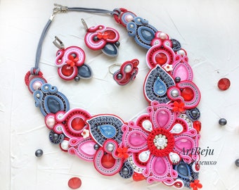 Pink and Gray Soutache Jewelry Set, Flower Necklace and Earrings, Soutache Jewelry Set