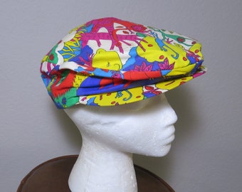 Vintage Newsboy Style Cap Hat Monkeys Jungle Design Colorful Made in USA Measured Inside Band 23 1/8