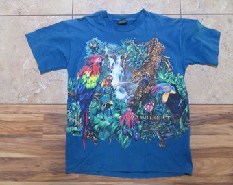 Vintage Rainforest Habitat T-Shirt Double-Sided Animal Jungle Print Teal Gold Colorful Made in USA Sz L Parrot