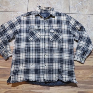 Vintage Highland Brand Quilt Lined Insulated Flannel Shirt Jacket Black Beige Plaid Sz XL Cholo