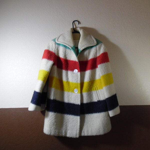 Vintage 1960's Hudson Bay Point Wool Jacket Made in England Cream Blue Yellow Red Green Button Front