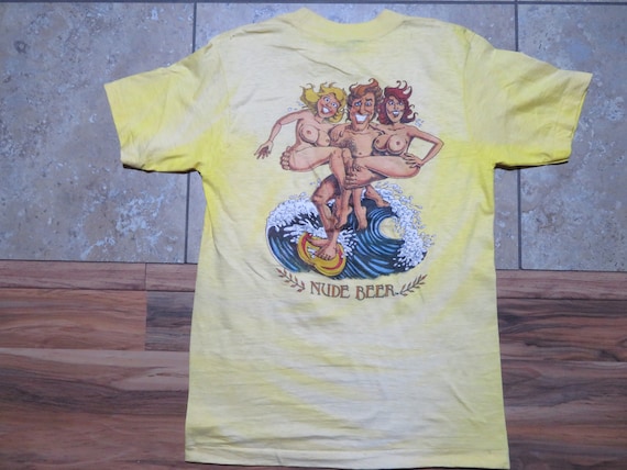 Vintage Nude Beer Pocket T-shirt Double Sided Graphic YELLOW Tan USA Made  Sz S Naked Girls and Guy Surfing 