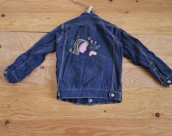 vintage enfant Vierge brodée femme fleurs selvedge denim type 3 veste camionneur Snap Up jeunesse Sz ? Voir les mesures Hippie bleu foncé délavé