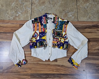 Vintage Roughrider Circle 7 Western Wear Cropped Style Skjorta Cowgirl Vit Röd Svart Bomull Storlek S Rough Rider Sydvästlig Look