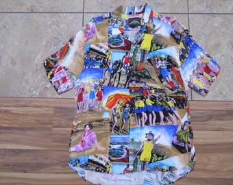 Very Rare! VTG Jams World 30th Anniversary Collectors Edition Hawaiian Casual Shirt All-Over Print Beach Scenes Button Up Colorful  Sz L