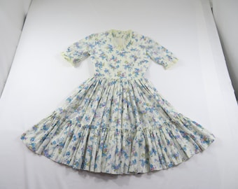 Vestido floral para mujer, falda con volantes fruncidos, color marfil, azul y morado, talla S, década de 1970.
