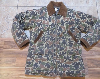 Vintage 10X Brand Down Duck Hunter Camo Camouflage Coat Corduroy Collar Greens Browns Tan Made in USA Sz M