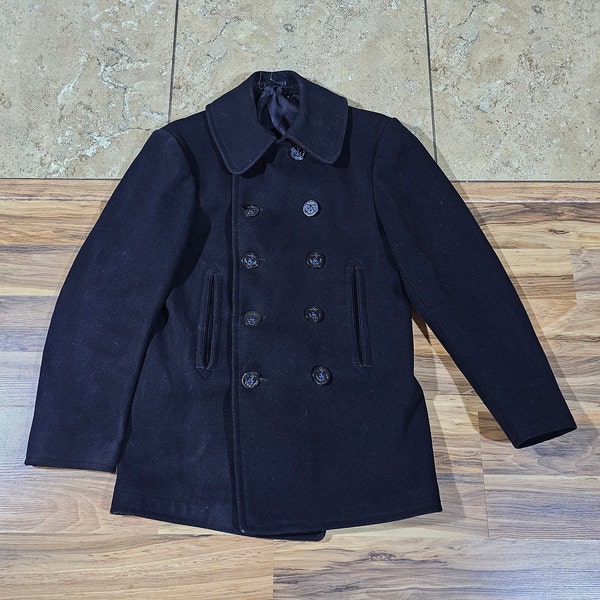 Vintage US Navy USN Black 10 Button Chin Strap Peacoat Pea Coat size XS? 34?