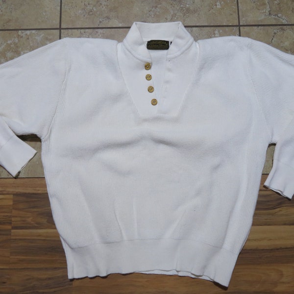 Vintage Eddie Bauer Sweater 4 Button Neckline Plain Off White Cotton Sz XL