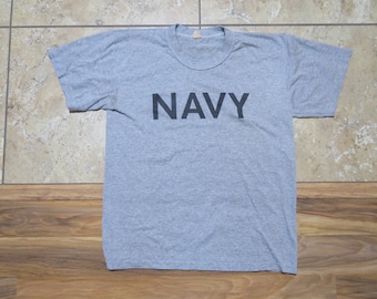 Vintage US Navy Military USN T-Shirt 50/50 Gray Black Physical Fitness Uniform Shirt Made in USA Sz S