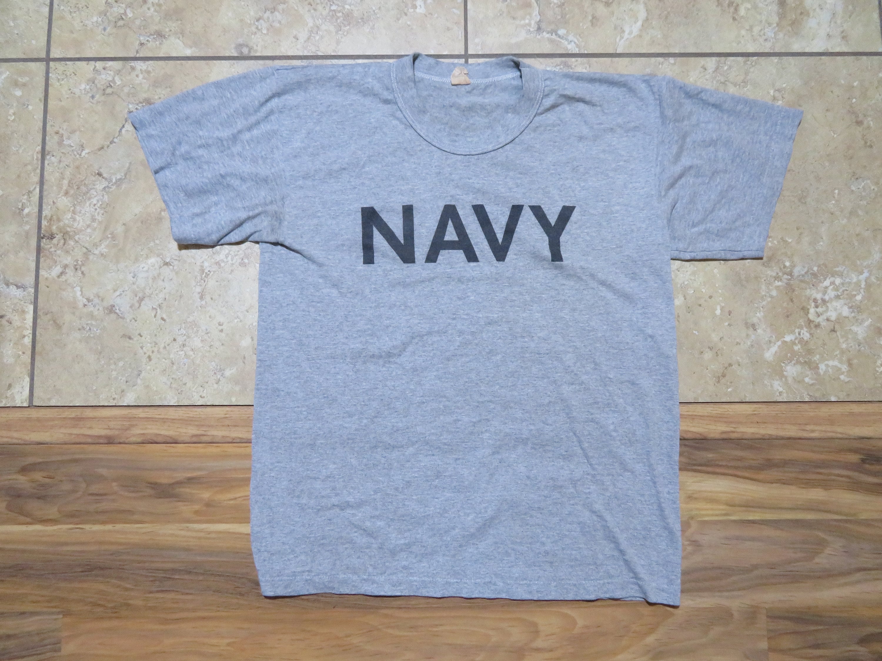 Vintage US Navy Military USN T-shirt 50/50 Gray Black Physical