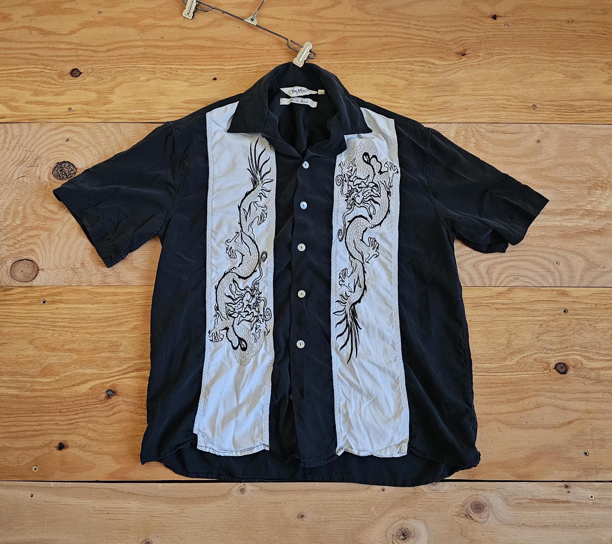 Da Vinci Charlie Sheen 半袖シャツ XXL Da Vinci Charlie Sheen Silk Dragon Print Mother of Pearl