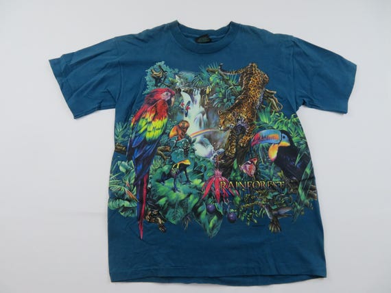 90s Rainforest Graphic T-shirt, Teal Animal Jungle Print, Sz L - Etsy