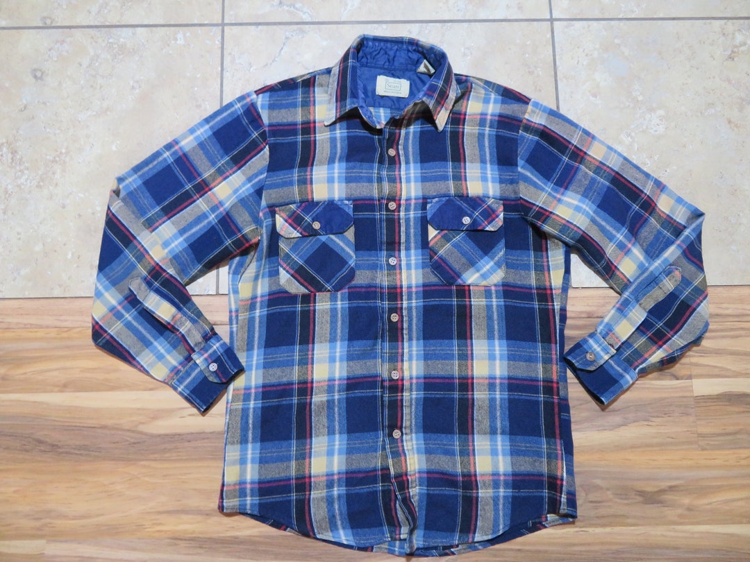 Vintage SEARS Flannel Shirt Long Sleeves Plaid Button BLUE - Etsy