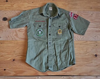 Vintage BSA Sanforized Michigan Detroit Area Council Boy Scouts Green Button Up Shirt 50s/60s