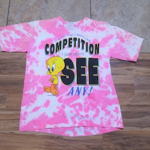 Camiseta vintage Tweety Bird See no Competition, rosa, blanca y negra, de Looney Tunes, para jóvenes, talla 14/16. Puede ajustarse a una talla S-M. Ver medidas.