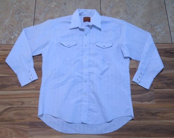 Vintage Rustler Pearl Snap Western Cowboy Shirt Light Blue Sz 17-35