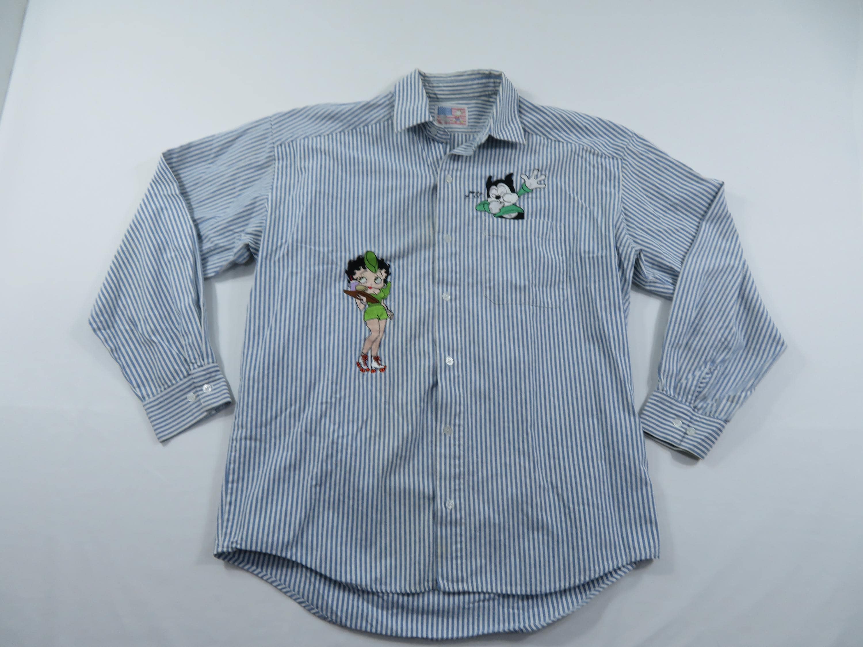 Betty Boop Felix the Cat Oxford Shirt Blue White Striped Sz XL