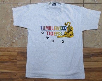 Vintage Tumbleweed Tigers School T-Shirt 50/50 Light Gray Gold Black Red Fruit of the Loom Made in USA Sz L