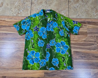 Vintage Royal Hawaiian Shirt Floral Green Blue Sz L Cotton Textured Barkcloth Style