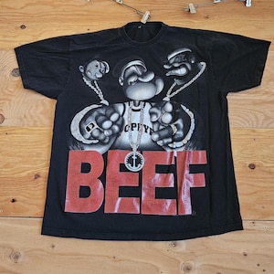 Vintage Y2K Popeye Beef T-Shirt Black Red Blue Sz 2XL? Gangster Bluto Olive Oil Street Homies
