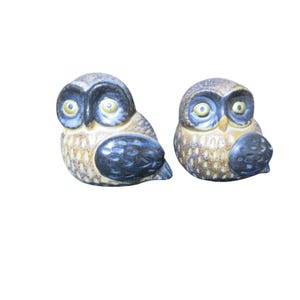 May include: Two ceramic owl figurines featuring a speckled tan and brown body with dark blue-black wings and facial markings. Each owl has large, round, pale yellow eyes with dark pupils, set within a defined, rounded facial disc.