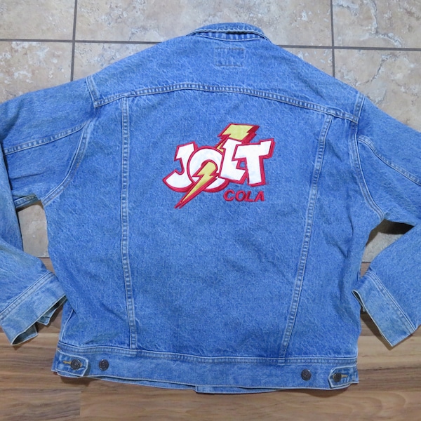 Vintage JOLT Cola Lee Brand Jean Trucker Jacket Med Blue Wash Red Gold White Design Back Button Front Sz L