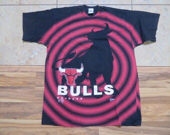 Chicago Bulls T-shirt jaren 90 NBA all-over print zwart Salem sportkleding maat L vintage