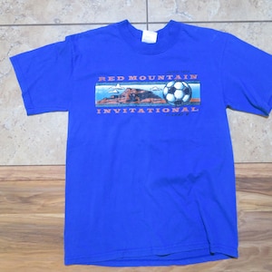 Vintage Red Mountain Soccer Invitational T-Shirt 50/50 2001 Royal Blue Rust Black White Double-Sided Graphic Gildan Brand Sz M